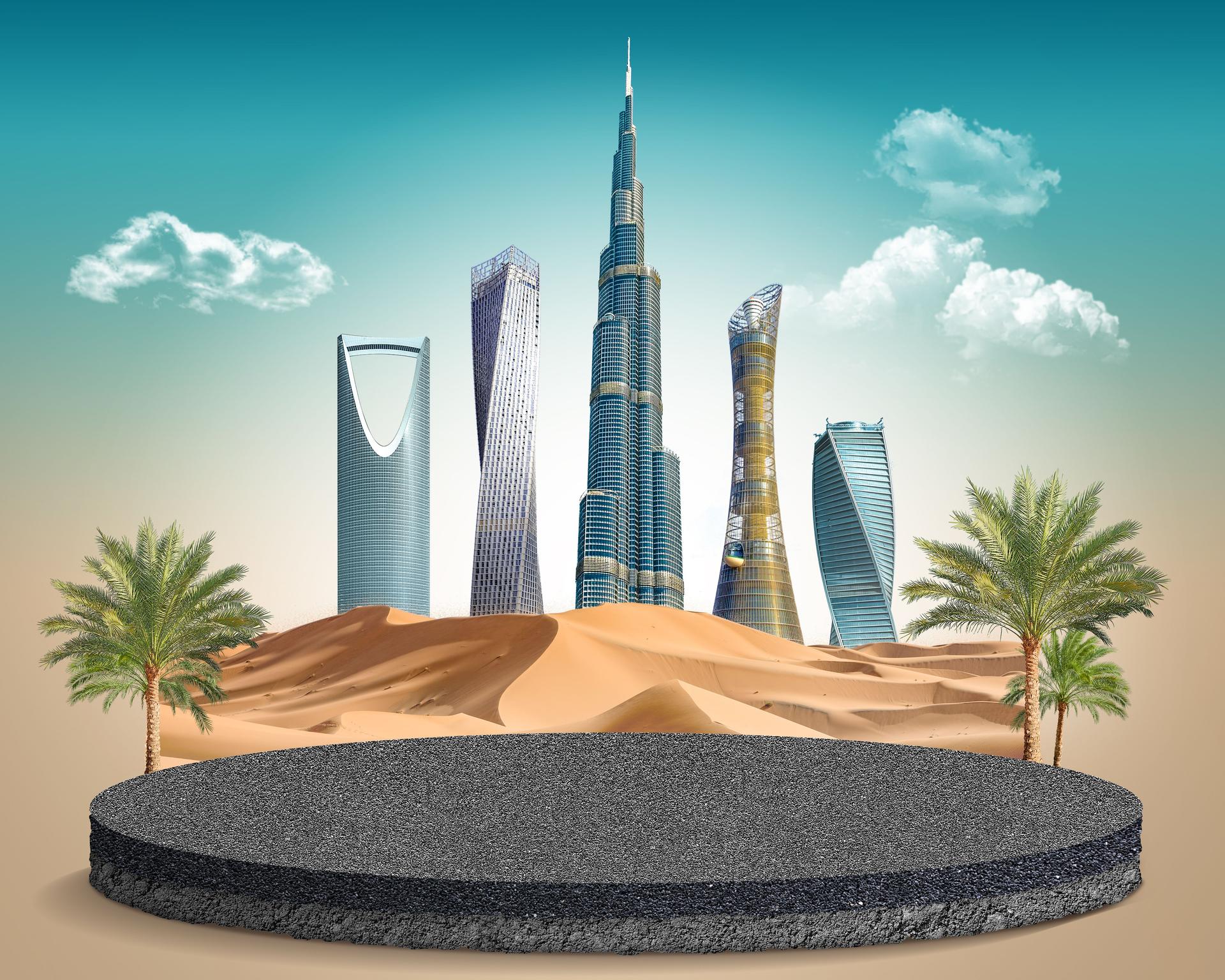 Middle east skyline with nature. abstract design template. skyscraper and dune sand, 3d illustration. isolated background. asphalt plot.
