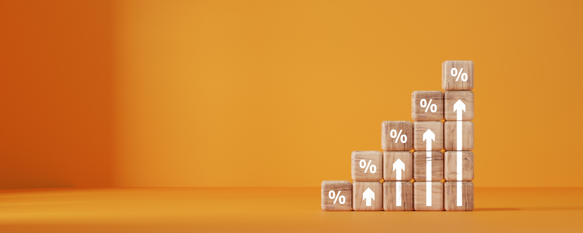 Interest rate and dividend concept, wooden block with percentage symbol and up arrow, return on stocks and mutual funds, long term investment for retirement.