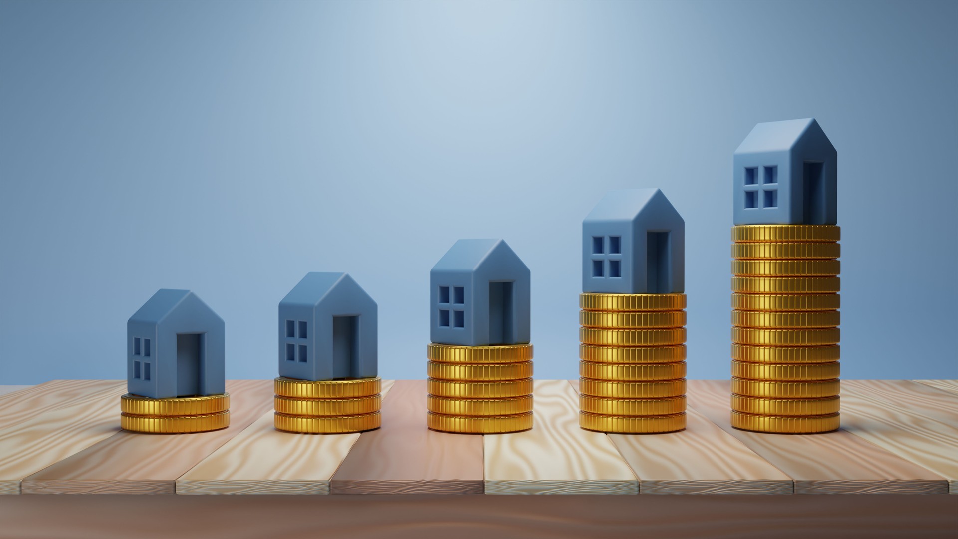 3D rendering. Mini blue house on stack of coins on wooden table. Money and house, Real estate investment, Save money with stack coin, Mortgage concept.